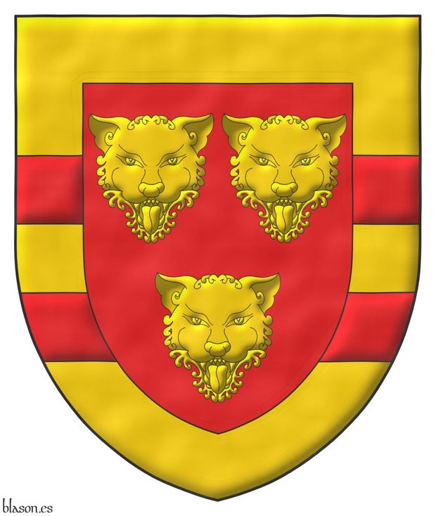 Gules, three Leopards faces Or, the whole within a Border Or with two Bars Gules.