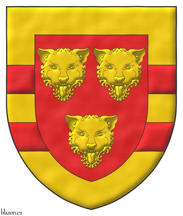 Escudo de gules, tres cabezas de leopardo de oro; una bordura de oro con dos burelas de gules.