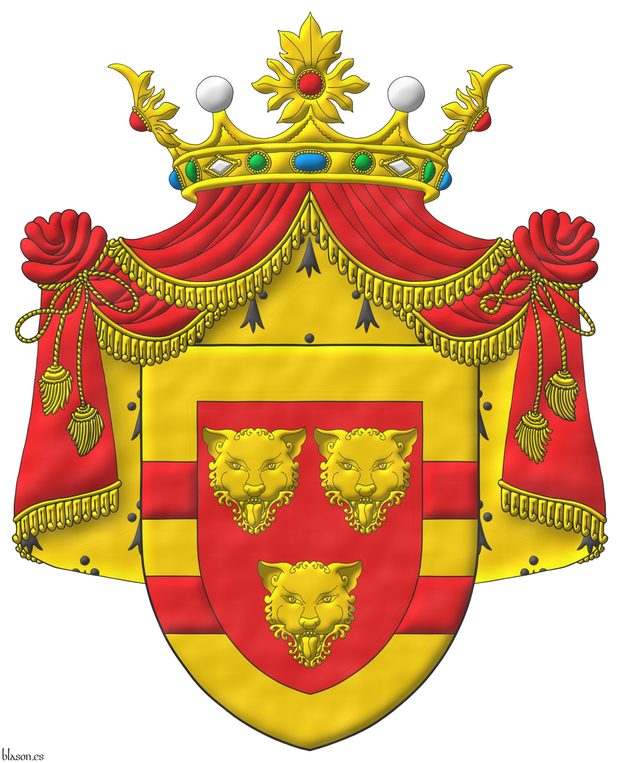 Gules, three Leopards faces Or, the whole within a Border Or with two Bars Gules. Crest: A crest coronet proper. Mantle: Gules doubled Erminois.
