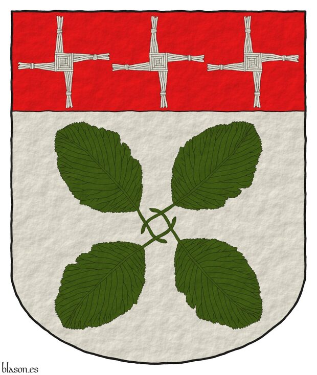 Argent, four leaves of Silver Leaved Whitebeam (Sorbus Aria Lutescens) in saltire, stems interlaced Vert, on a chief Gules, three crosses of Saint Brigid Argent.