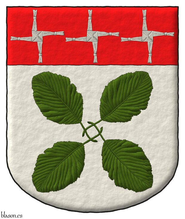 Escudo de plata, cuatro hojas de serbal blanco (Sorbus Aria Lutescens) en sotuer, los tallos entrelazados de sinople, en un jefe de gules, tres cruces de santa Brígida de plata.