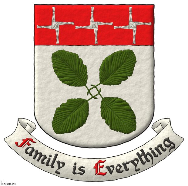 Escudo de plata, cuatro hojas de serbal blanco (Sorbus Aria Lutescens) en sotuer, los tallos entrelazados de sinople, en un jefe de gules, tres cruces de santa Brgida de plata. Lema: Family is Everything de sable, con letras iniciales de gules, sobre una filacteria de plata.