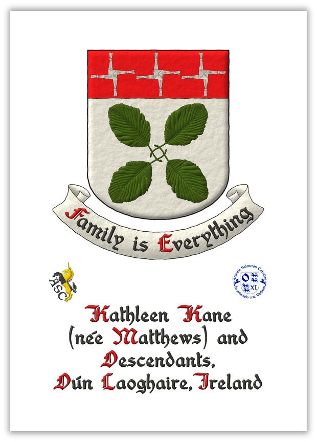 Escudo de plata, cuatro hojas de serbal blanco (Sorbus Aria Lutescens) en sotuer, los tallos entrelazados de sinople, en un jefe de gules, tres cruces de santa Brgida de plata. Lema: Family is Everything de sable, con letras iniciales de gules, sobre una filacteria de plata.