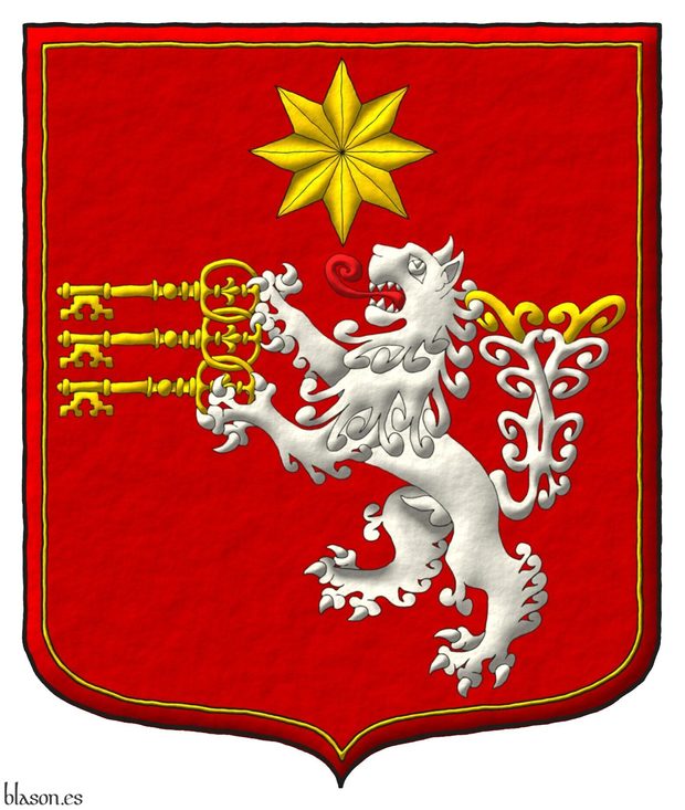 Escudo de sanguneo, un len rampante, de cola horquillada de plata, empenachada de oro, lampasado de gules teniendo en sus patas tres llaves entrelazadas, en palo, puestas en faja, con el dentado hacia la diestra y abajo; en jefe, una estrella de ocho puntas; un trechor, todo de oro.