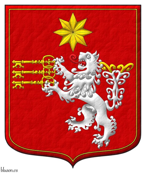 Sanguine, a lion rampant, double queued Argent, tufted Or and langued Gules holding in its paws by the bows three keys fesswise bows interlaced wards to dexter facing downwards Or, in chief a mullet of eight points Or; all within a tressure Or.