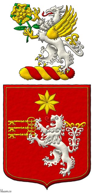 Escudo de sanguneo, un len rampante, de cola horquillada de plata, empenachada de oro, lampasado de gules teniendo en sus patas tres llaves entrelazadas, en palo, puestas en faja, con el dentado hacia la diestra y abajo; en jefe, una estrella de ocho puntas; un trechor, todo de oro. Timbrado de un burelete de plata y gules cimado de un grifo rampante de plata, lampasado de gules, picado, armado, alado y con la cola empenachada de oro, teniendo entre sus garras una rosa de oro, tallada y hojada al natural.