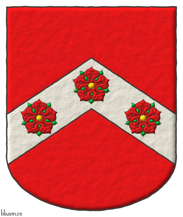 Escudo de gules, un cabrio de plata cargado de tres rosas de gules, barbadas de sinople y botonadas de oro.