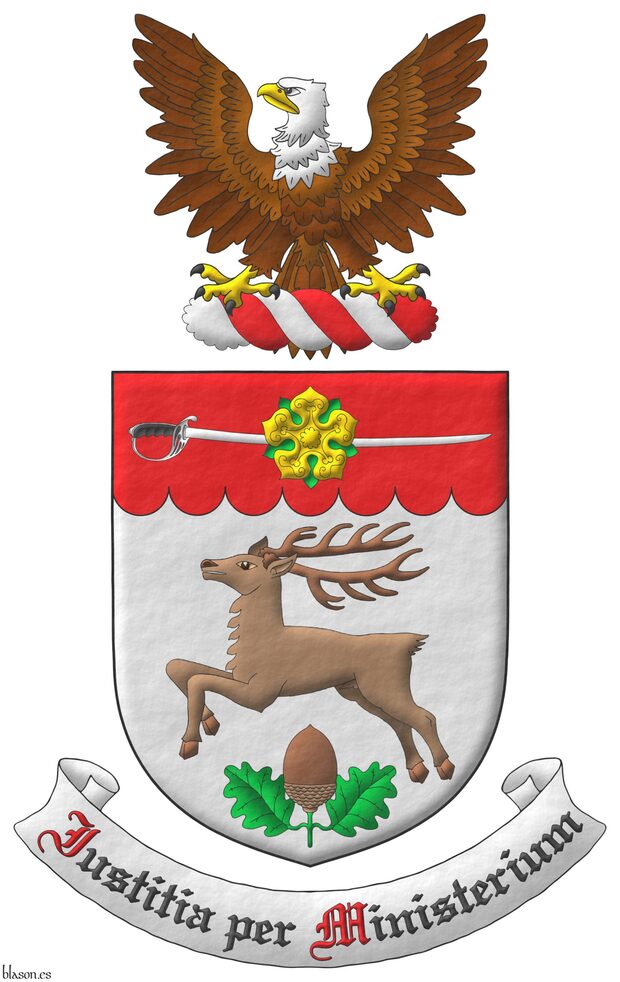 Argent, a stag springing, in base an acorn leaved and slipped proper, on a chief invected Gules, a sabre fesswise, point sinister proper, debruised by a rose Or, leaved Vert. Crest: Upon a wreath Argent and Gules, a bald eagle displayed proper. Motto: Iustitia per Ministerium Sable, with initial letters Gules, over a scroll Argent.