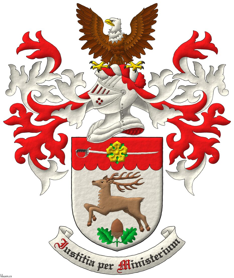 Escudo de plata, un ciervo brincante, en punta una bellota frutada y hojada al natural; en un jefe acanalado de gules un sable puesto en faja, alterado al natural, resaltado de una rosa de oro, hojada de sinople. Timbrado de un yelmo, adornado de dos lambrequines de gules doblados de plata, un burelete de plata y gules cimado de un guila calva al natural. Lema: Iustitia per Ministerium de sable, con letras iniciales de gules, sobre una filacteria de plata.