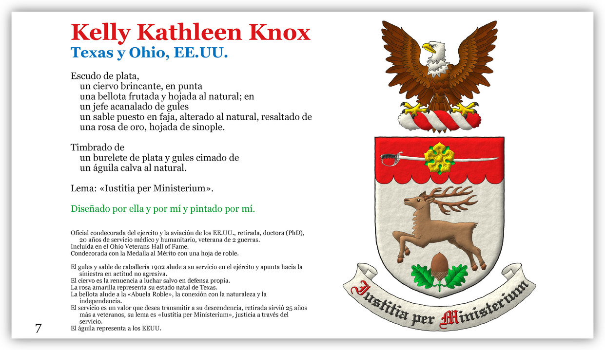 Escudo de plata, un ciervo brincante, en punta una bellota frutada y hojada al natural; en un jefe acanalado de gules un sable puesto en faja, alterado al natural, resaltado de una rosa de oro, hojada de sinople. Timbrado de un burelete de plata y gules cimado de un �guila calva al natural. Lema: �Iustitia per Ministerium� de sable, con letras iniciales de gules, sobre una filacteria de plata.
