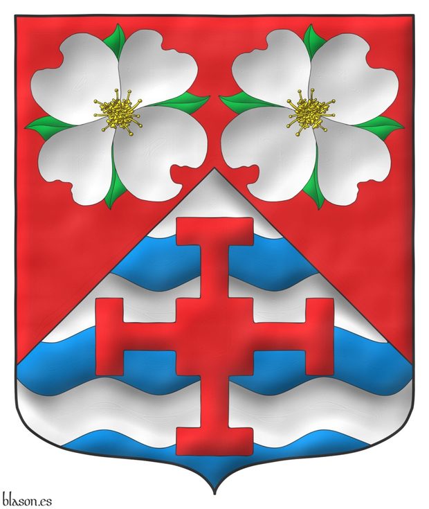Escudo de gules, mantelado en punta fajado ondado de plata y azur, en jefe dos flores de cornejo florido (Cornus Florida) al natural y en punta una cruz de san Chad de Mercia de gules.