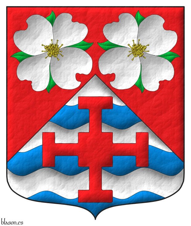 Party per chevron Gules and barry wavy Argent and Azure, in chief two Dogwood flowers (Cornus Florida) proper, in base a Cross of Saint Chad Gules.