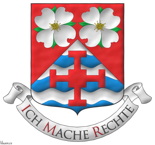 Escudo de gules, mantelado en punta fajado ondado de plata y azur, en jefe dos flores de cornejo florido (Cornus Florida) al natural y en punta una cruz de san Chad de Mercia de gules. Lema: Ich Mache Rechte.