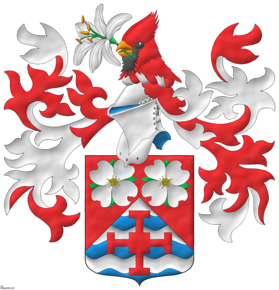 Escudo de gules, mantelado en punta fajado ondado de plata y azur, en jefe dos flores de cornejo florido (Cornus Florida) al natural y en punta una cruz de san Chad de Mercia de gules. Timbrado de un yelmo adornado de dos lambrequines de gules doblados de plata; y burelete de plata y gules; cimado de una cabeza arrancada de cardenal norteo (Cardinalis cardinalis) teniendo en el pico una azucena (Lilium Candidum) todo al natural.