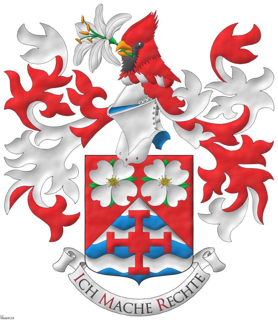 Escudo de gules, mantelado en punta fajado ondado de plata y azur, en jefe dos flores de cornejo florido (Cornus Florida) al natural y en punta una cruz de san Chad de Mercia de gules. Timbrado de un yelmo adornado de dos lambrequines de gules doblados de plata; y burelete de plata y gules; cimado de una cabeza arrancada de cardenal norteo (Cardinalis cardinalis) llevando en el pico una azucena (Lilium Candidum) todo al natural. Lema: Ich Mache Rechte.