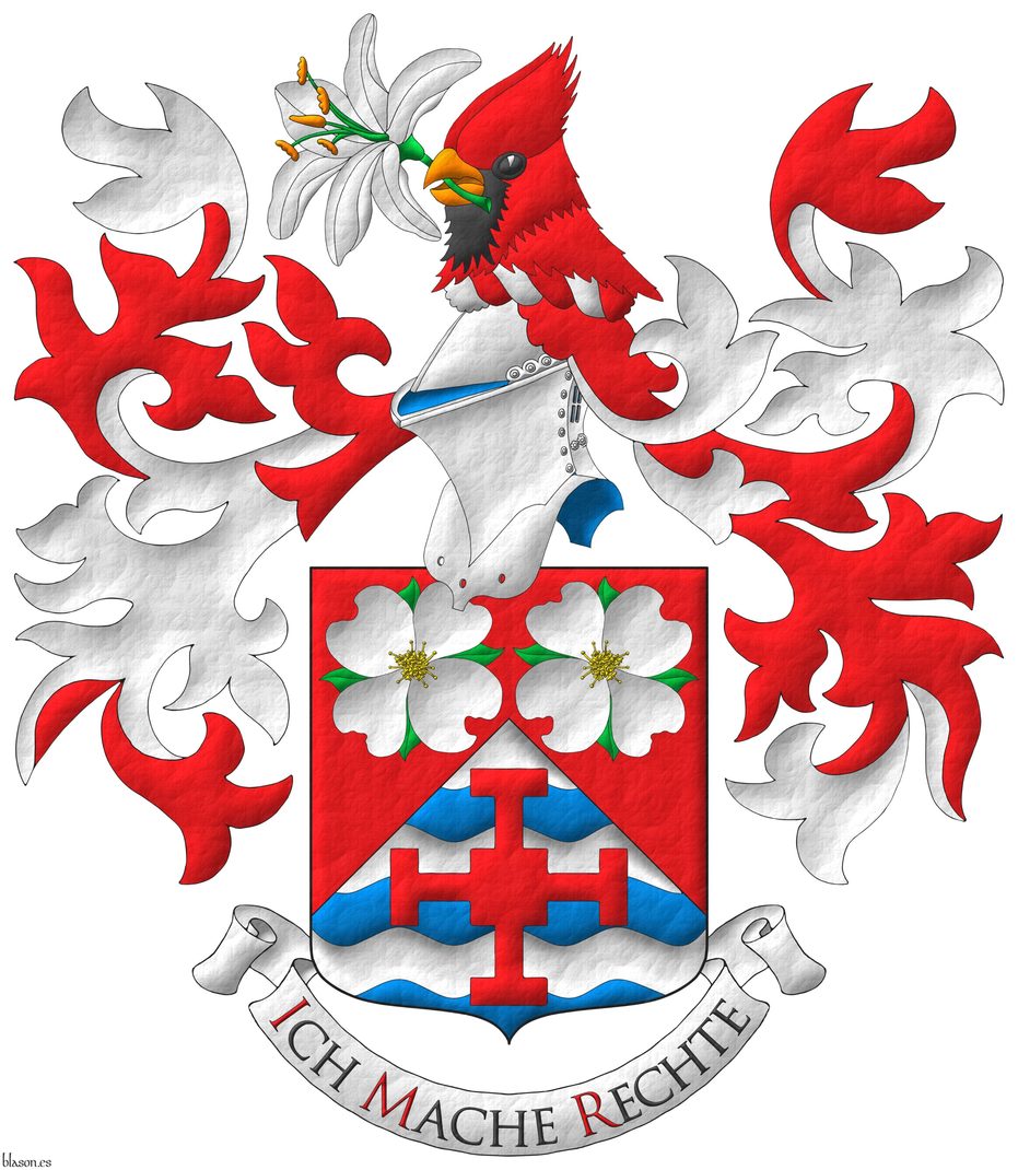 Party per chevron Gules and barry wavy Argent and Azure, in chief two Dogwood flowers (Cornus Florida) proper, in base a Cross of Saint Chad Gules. Crest: A Cardinal's head (Cardinalis cardinalis) erased clutching in its Beak a Madonna lily (Lilium Candidum) proper. Mantling: Gules doubled Argent. Motto: Ich Mache Rechte.