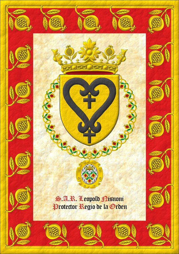 Escudo de oro, el smbolo de la Casa Real de Kupang de sable. Timbrado de una corona de la Soberana y Muy Noble Orden de la Granada. El escudo est rodeado del Gran Collar de la Soberana y Muy Noble Orden de la Granada.