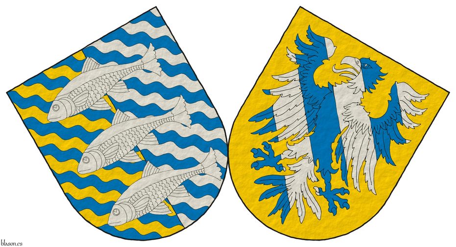 [ Party per pale bendy wavy Azure and Or and bendy wavy Azure and Argent, overall three fish naiant in pale Argent ] accol with [ Or, an eagle displayed bendy Azure and Argent ].