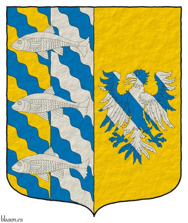 Party per pale: 1 party per pale bendy wavy Azure and Or and bendy wavy Azure and Argent, overall three fish naiant in pale Argent; 2 Or, an eagle displayed bendy Azure and Argent.
