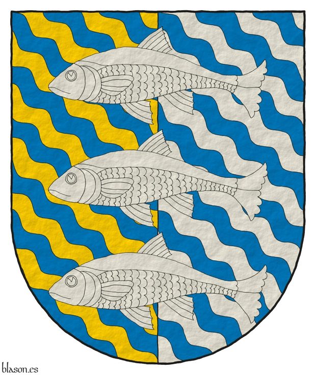 Escudo partido: 1o bandado ondado de azur y oro; 2o bandado ondado de azur y plata; brochante sobre el todo tres peces nadantes en palo de plata.