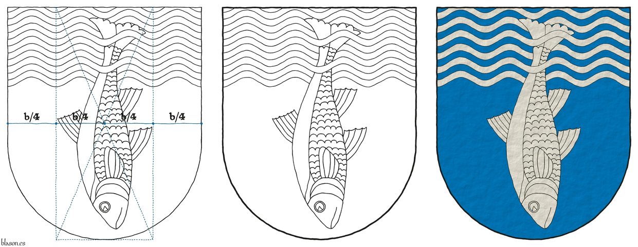 Azure, a chief wavy and barry wavy of twelve Azure and Argent debruised and interlaced by a fish urinant Argent.