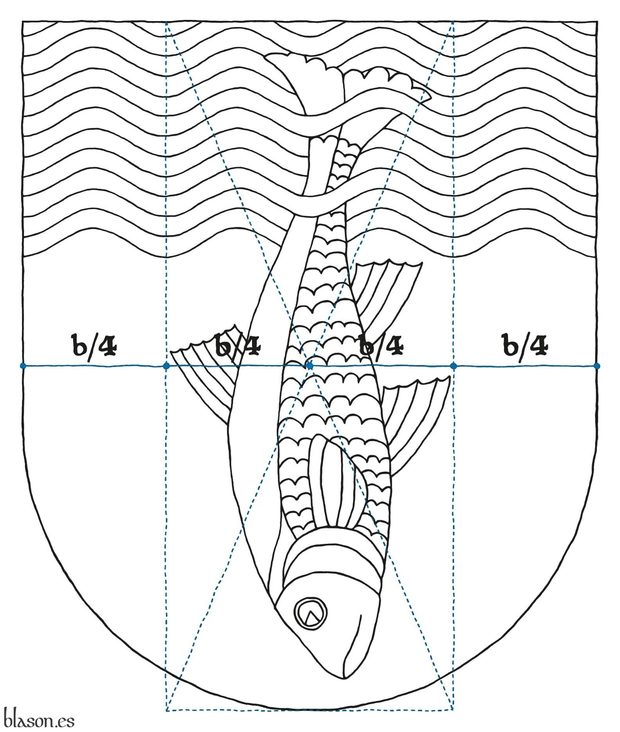 Azure, a chief wavy and barry wavy of twelve Azure and Argent debruised and interlaced by a fish urinant Argent.
