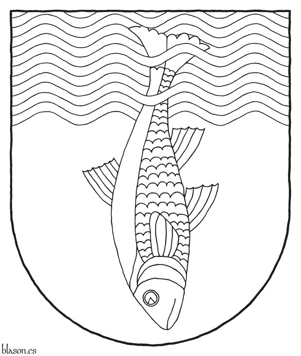 Azure, a chief wavy and barry wavy of twelve Azure and Argent debruised and interlaced by a fish urinant Argent.
