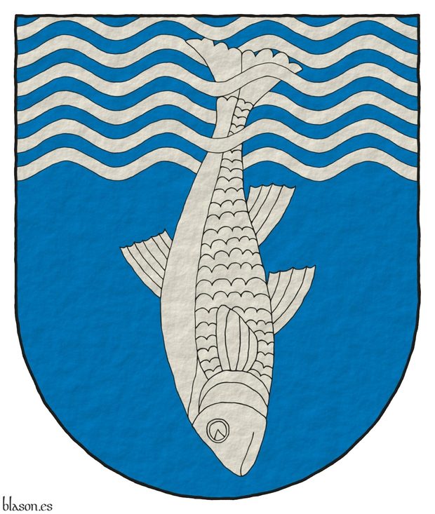 Azure, a chief wavy and barry wavy of twelve Azure and Argent debruised and interlaced by a fish urinant Argent.