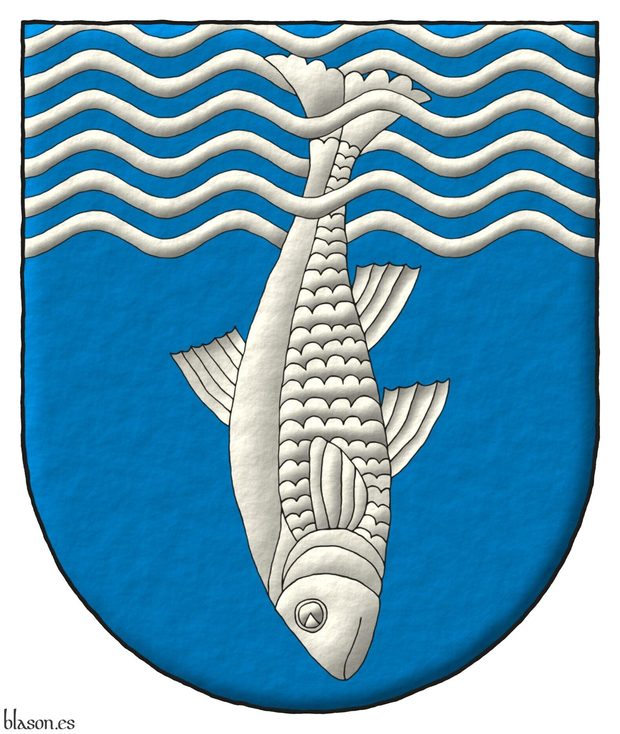 Azure, a chief wavy and barry wavy of twelve Azure and Argent debruised and interlaced by a fish urinant Argent.