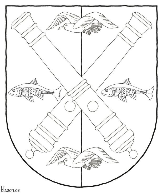 Escudo partido de sinople y azur, brochante sobre el todo dos tubos de caon en sotuer, acompaados de dos gaviotas volantes en palo y dos peces nadantes en faja, todo de plata.