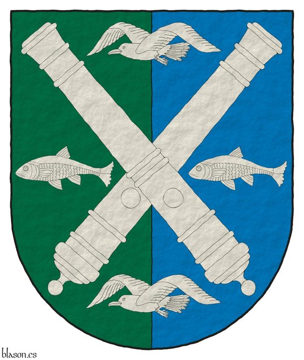 Party per pale Vert and Azure, overall two cannons dismounted in saltire, between two seagulls volant in pale, and two fish naiant in fess Argent.