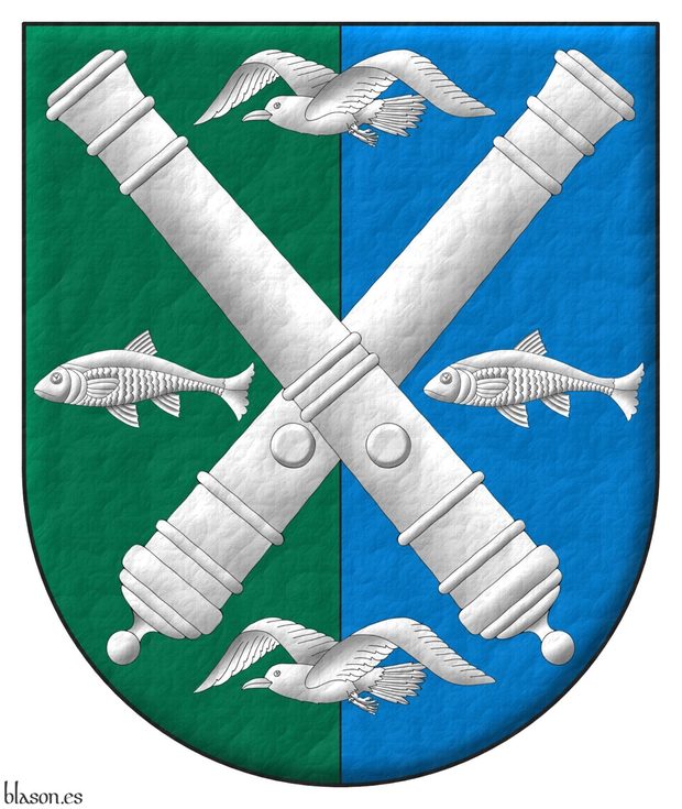 Party per pale Vert and Azure, overall two cannons dismounted in saltire, between two seagulls volant in pale, and two fish naiant in fess Argent.