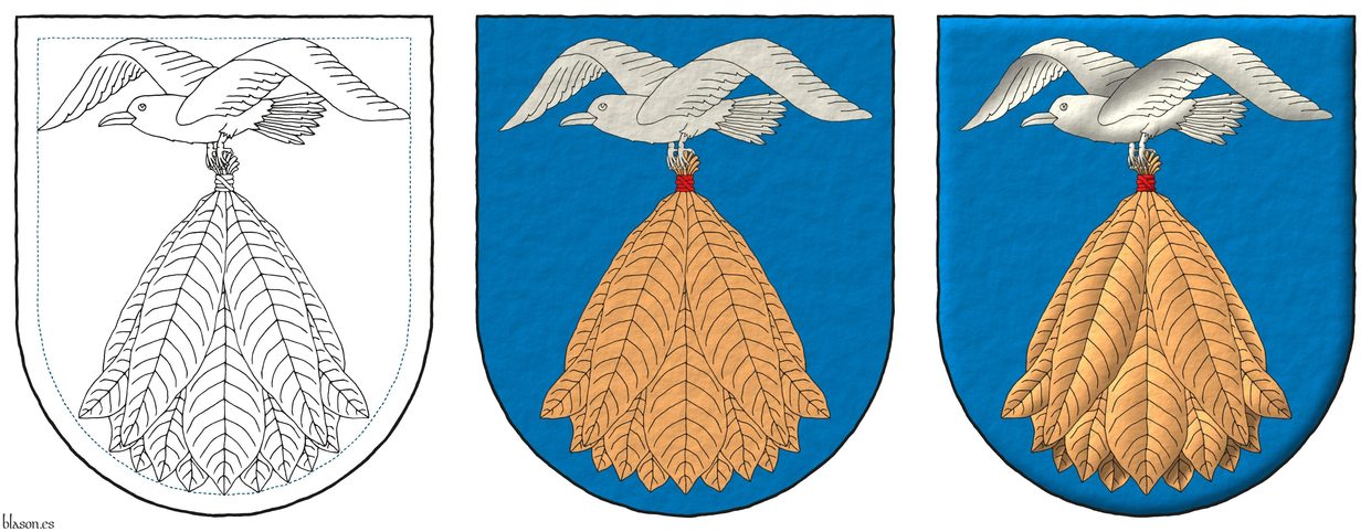 Azure, a seagull volant Argent, carrying in its feet a sheaf of tobacco proper, bound Gules.