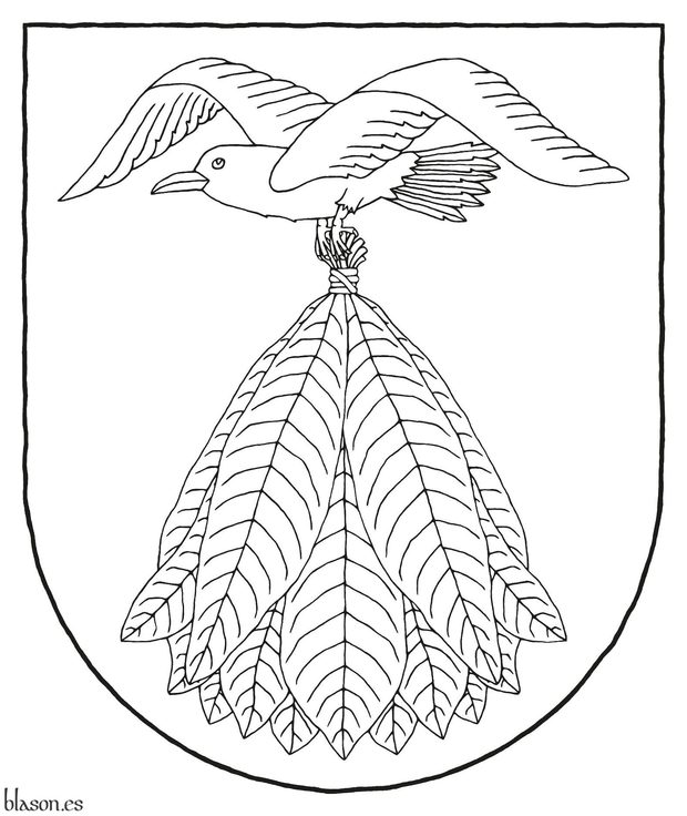 Azure, a seagull volant Argent, carrying in its feet a sheaf of tobacco proper, bound Gules.