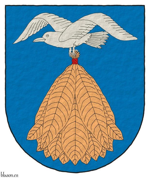 Azure, a seagull volant Argent, carrying in its feet a sheaf of tobacco proper, bound Gules.
