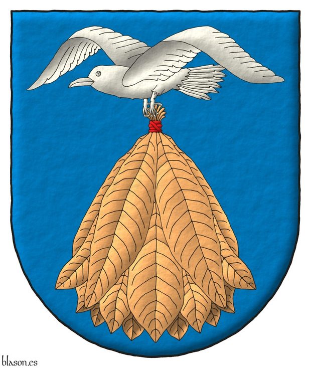 Azure, a seagull volant Argent, carrying in its feet a sheaf of tobacco proper, bound Gules.