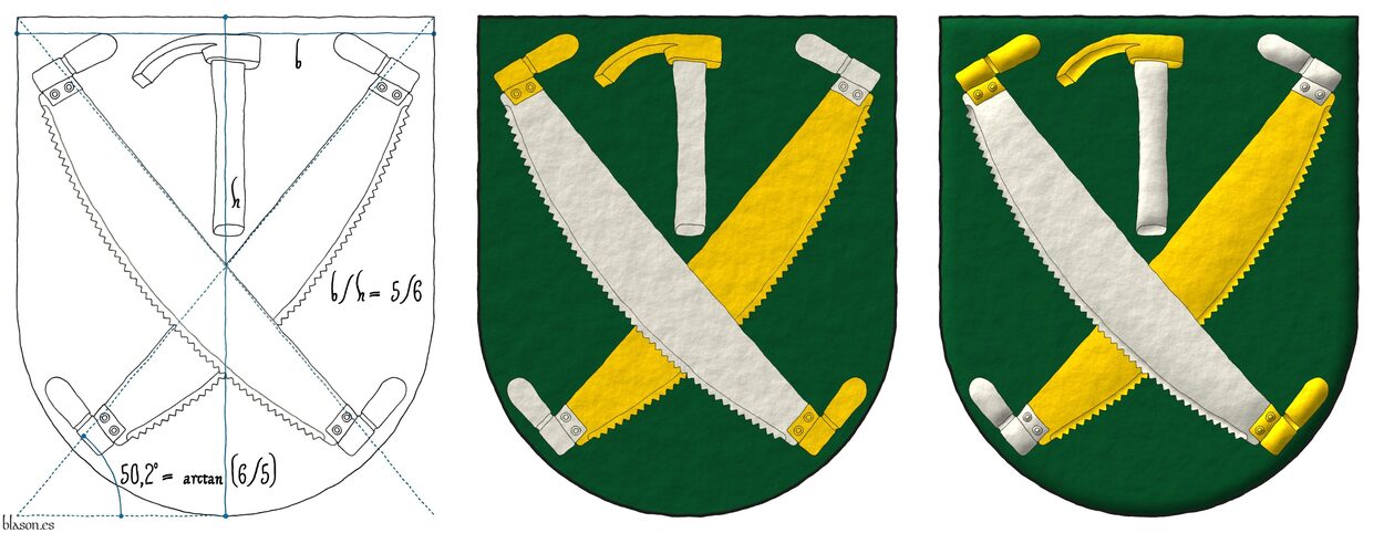 Escudo de sinople, dos sierras de dos manos en sotuer, la que est� puesta en banda de plata, encabada de oro, la que est� puesta en barra de oro, encabada de plata, en jefe una azuela de oro, encabada de plata.