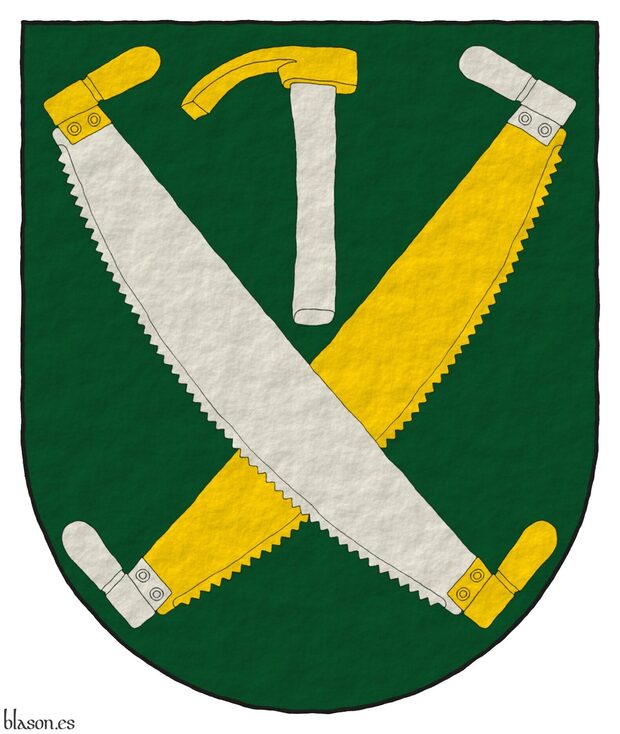 Escudo de sinople, dos sierras de dos manos en sotuer, la que est� puesta en banda de plata, encabada de oro, la que est� puesta en barra de oro, encabada de plata, en jefe una azuela de oro, encabada de plata.