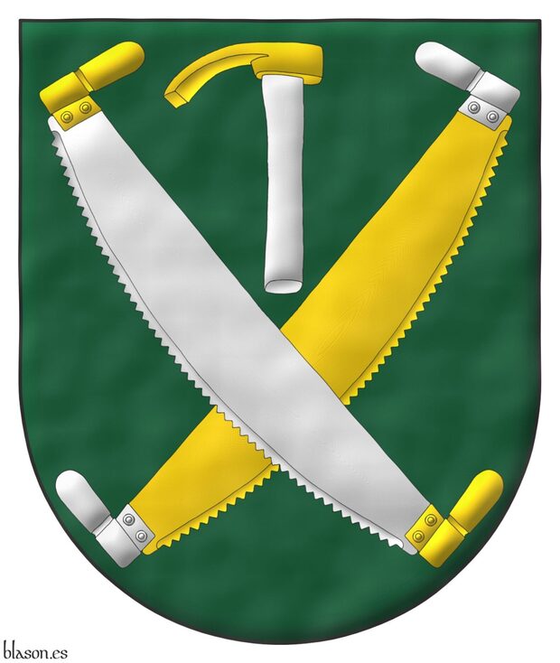 Vert, two two-man cross-cut saws in saltire, the one bendwise Argent, handled Or, the one bend sinisterwise Or, handled Argent, in chief an adze Or, handled Argent.