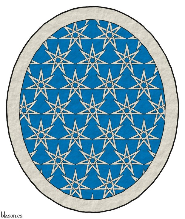 Azure sem� of mullets of seven points voided, interlaced, and conjoined Argent; a bordure Argent.