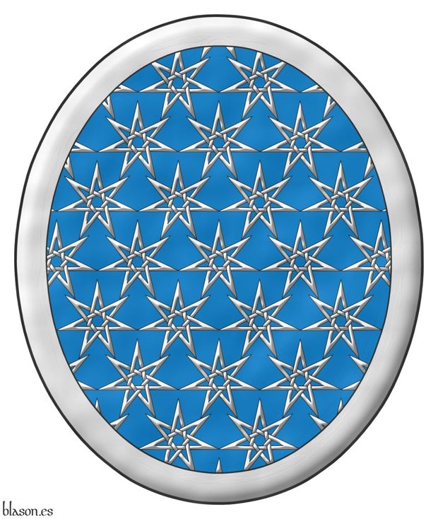 Azure sem� of mullets of seven points voided, interlaced, and conjoined Argent; a bordure Argent.