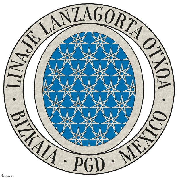 Escudo de azur sembrado de estrellas de siete puntas, huecas y entrelazadas de plata, unidas por las puntas; una filiera de plata. El escudo est� rodeado de un anillete de plata inscrito en jefe la divisa �Linaje Lanzagorta Otxoa� y en punta con �1�3H � Itziar � 1982� ambas de sable.