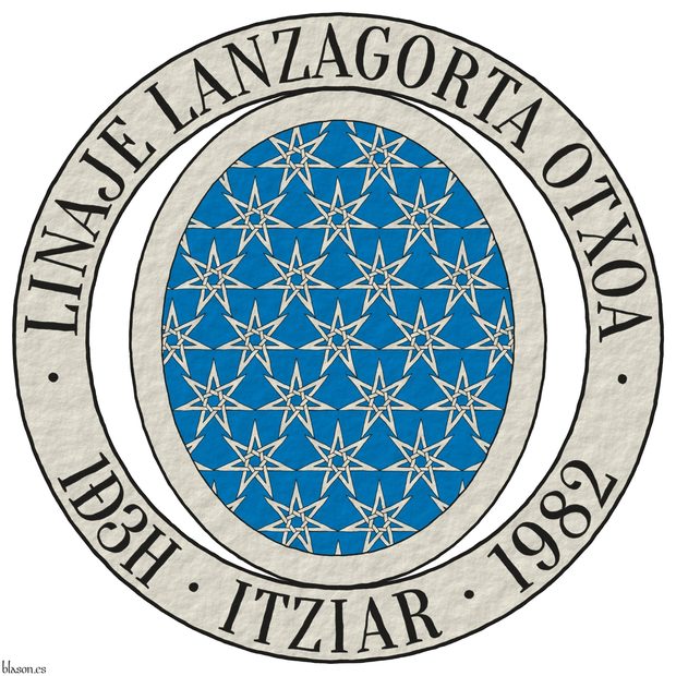 Azure sem� of mullets of seven points voided, interlaced, and conjoined Argent; a bordure Argent. The shield is surrounded by an annulet Argent inscribed in chief with the motto �Linaje Lanzagorta Otxoa� and in base with �Bizkaia � PGD � M�xico� Sable.
