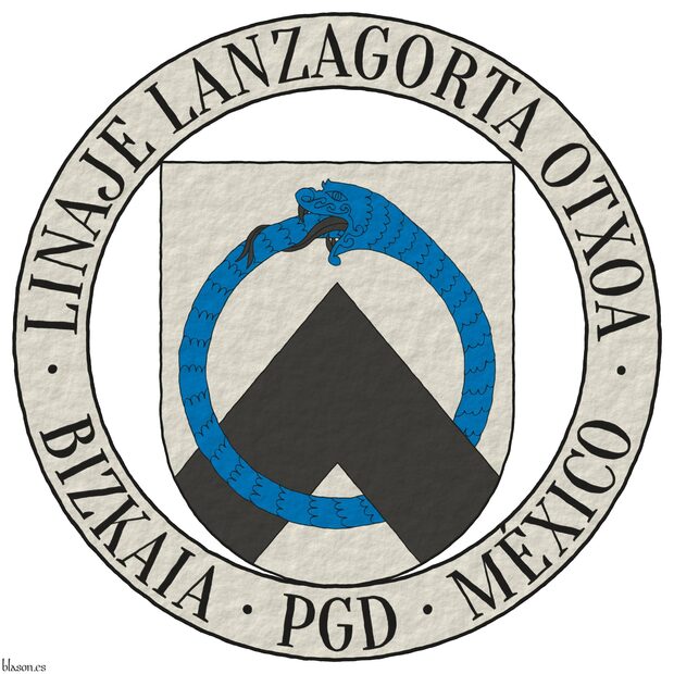 Escudo de plata, un cabrio de sable y un ur�boros de azur, armado y lampasado de sable, entrelazados. El escudo est� rodeado de un anillete de plata inscrito en jefe la divisa �Linaje Lanzagorta Otxoa� y en punta con �Bizkaia � PGD � M�xico� ambas de sable.