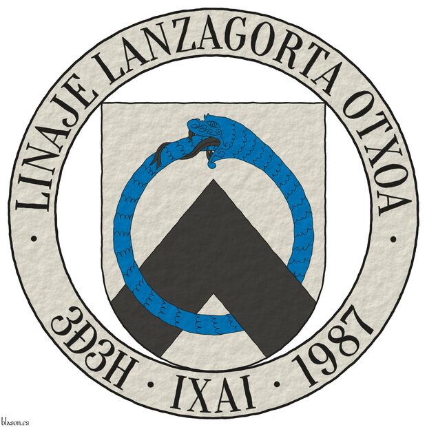 Argent, a chevron Sable and an ouroboros Azure, armed and langued Sable, interlaced. The shield is surrounded by an annulet Argent inscribed in chief with the motto �Linaje Lanzagorta Otxoa� and in base with �3�3H � �ngeles � 1987� Sable.
