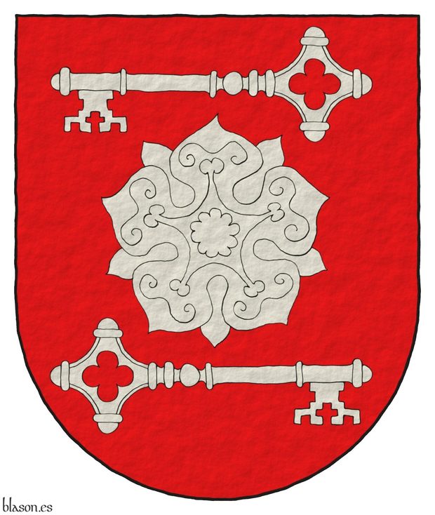 Escudo de gules, una rosa acompaada en jefe de una llave con el dentado hacia la diestra y abajo, en punta de una llave con el dentado hacia la siniestra y abajo, todo de plata.