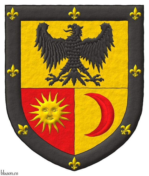 Cortado y medio partido: 1o de oro, un guila de sable; 2o de gules, un sol de oro; 3o de oro, un creciente tornado de gules; una filiera de sable, cargada de ocho flores de lis de oro.