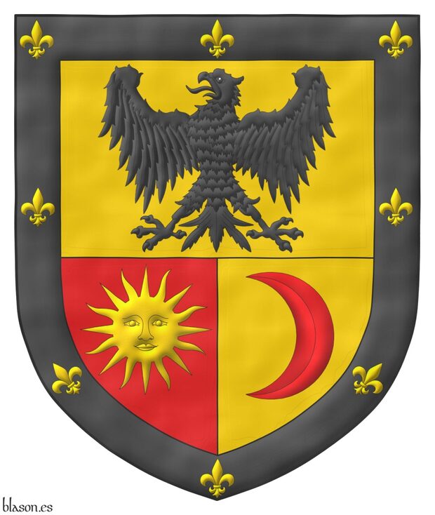 Per fess, the base per pale: 1 Or, an eagle displayed Sable; 2 Gules, a sun in splendour Or; 3 Or, an increscent Gules; all within a bordure Sable, charged with eight fleurs de lis Or.