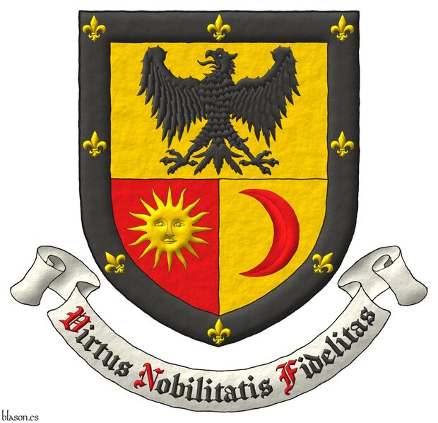 Cortado y medio partido: 1o de oro, un guila de sable; 2o de gules, un sol de oro; 3o de oro, un creciente tornado de gules; una filiera de sable, cargada de ocho flores de lis de oro. Lema: Virtus Nobilitatis Fidelitas de sable, con iniciales de gules, sobre una filacteria de plata.