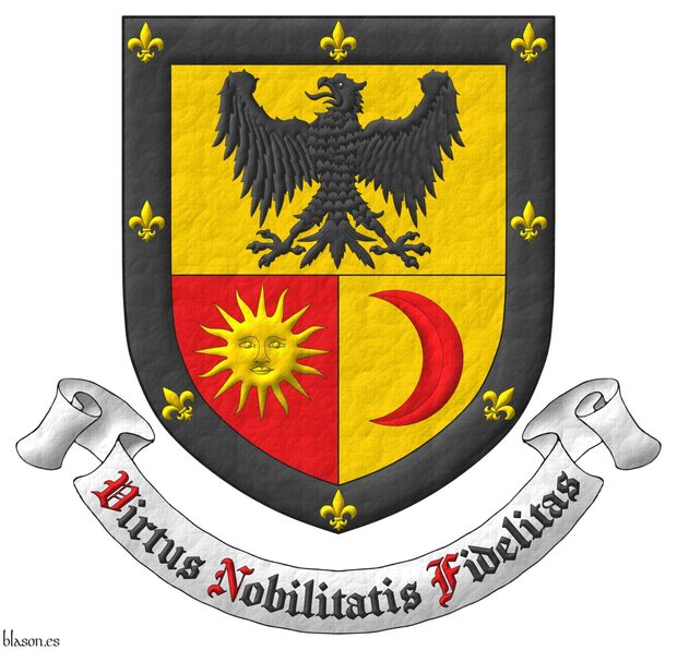 Per fess, the base per pale: 1 Or, an eagle displayed Sable; 2 Gules, a sun in splendour Or; 3 Or, an increscent Gules; all within a bordure Sable, charged with eight fleurs de lis Or. Motto: Virtus Nobilitatis Fidelitas Sable, with initial letters Gules over a scroll Argent.